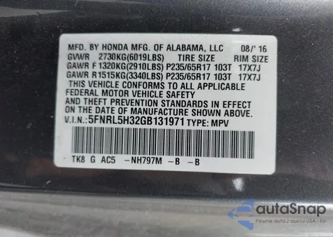 2016 Honda Odyssey Se z USA, uszkodzony, nr VIN 5FNRL5H32GB131971